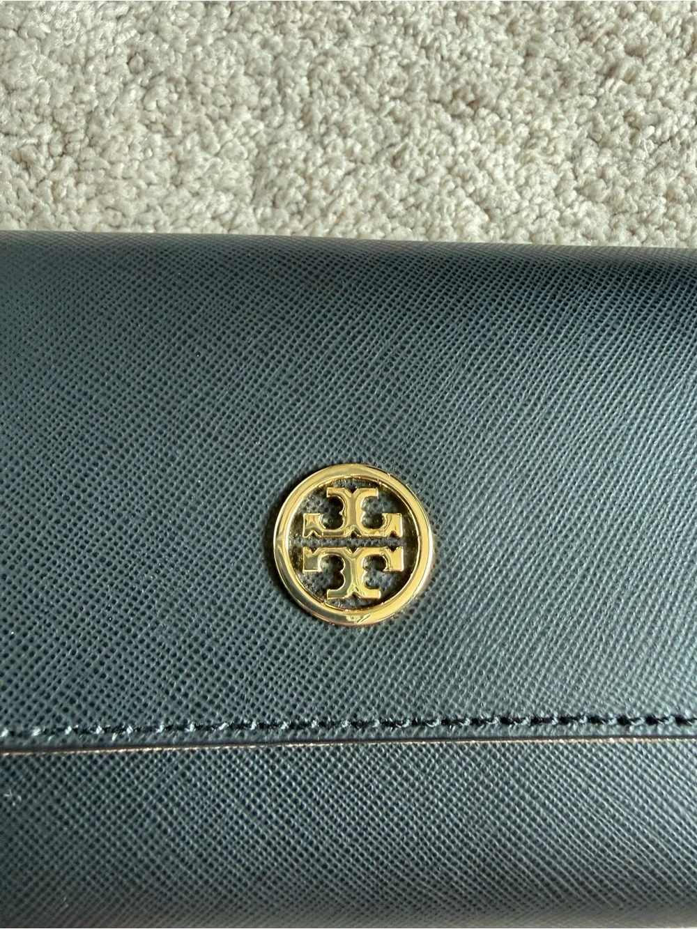 Tory Burch Black Leather Continental Wallet with Gold Logo